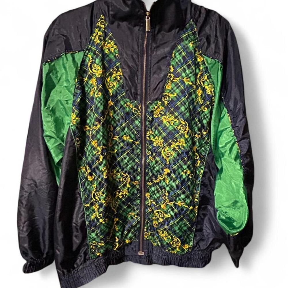 Vintage retro 80s windbreaker jacket w gold art noveau and plaid blue green